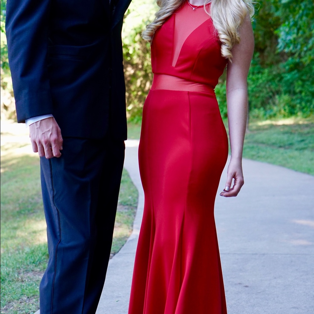 Bright red prom dress with mesh cut outs